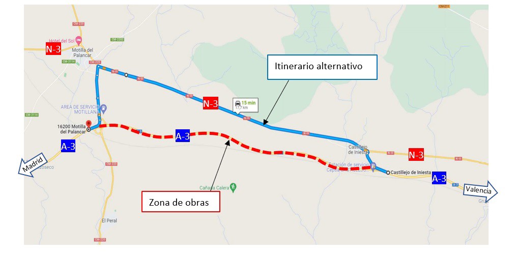 Las obras en la A-3 entre Castillejo de Iniesta y Motilla del Palancar provocan afecciones al tráfico.