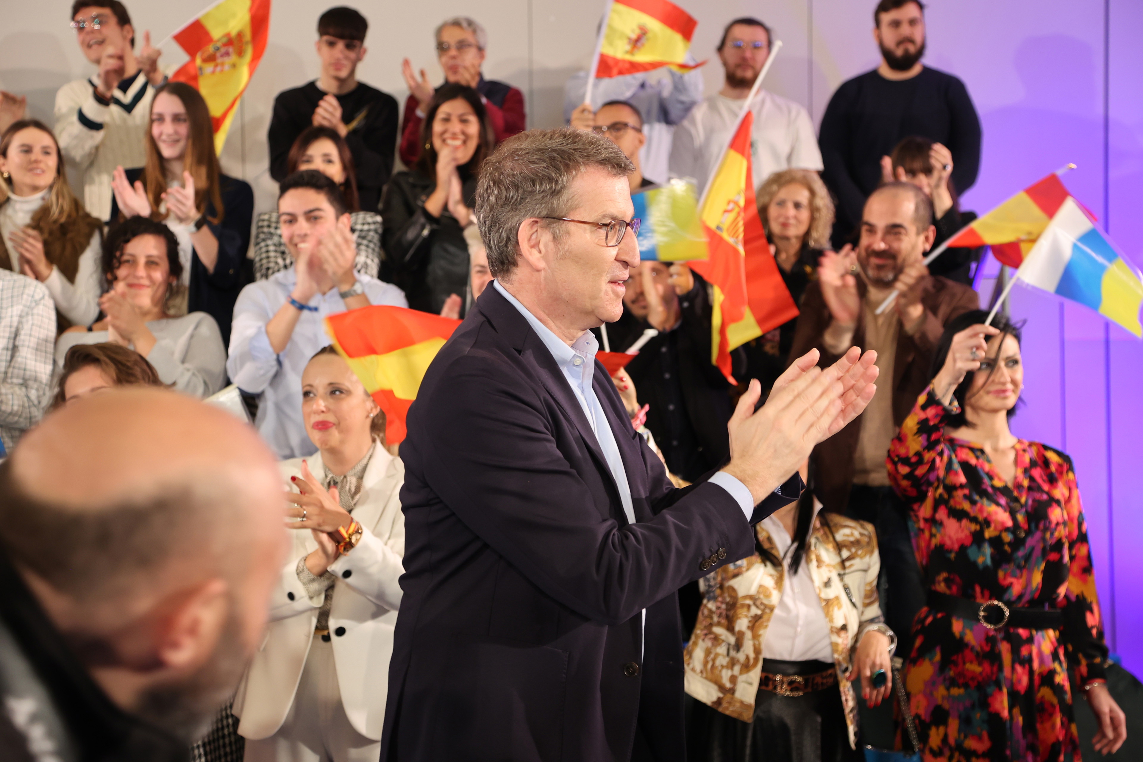 El  presidente del Partido Popular, Alberto Núñez Feijóo, interviene en el acto de presentación de la candidatura de Jimena Delgado a la alcaldía, a 18 de febrero de 2023, en Las Palmas de Gran Canaria, Gran Canaria, Las Palmas, Canarias (España). En este