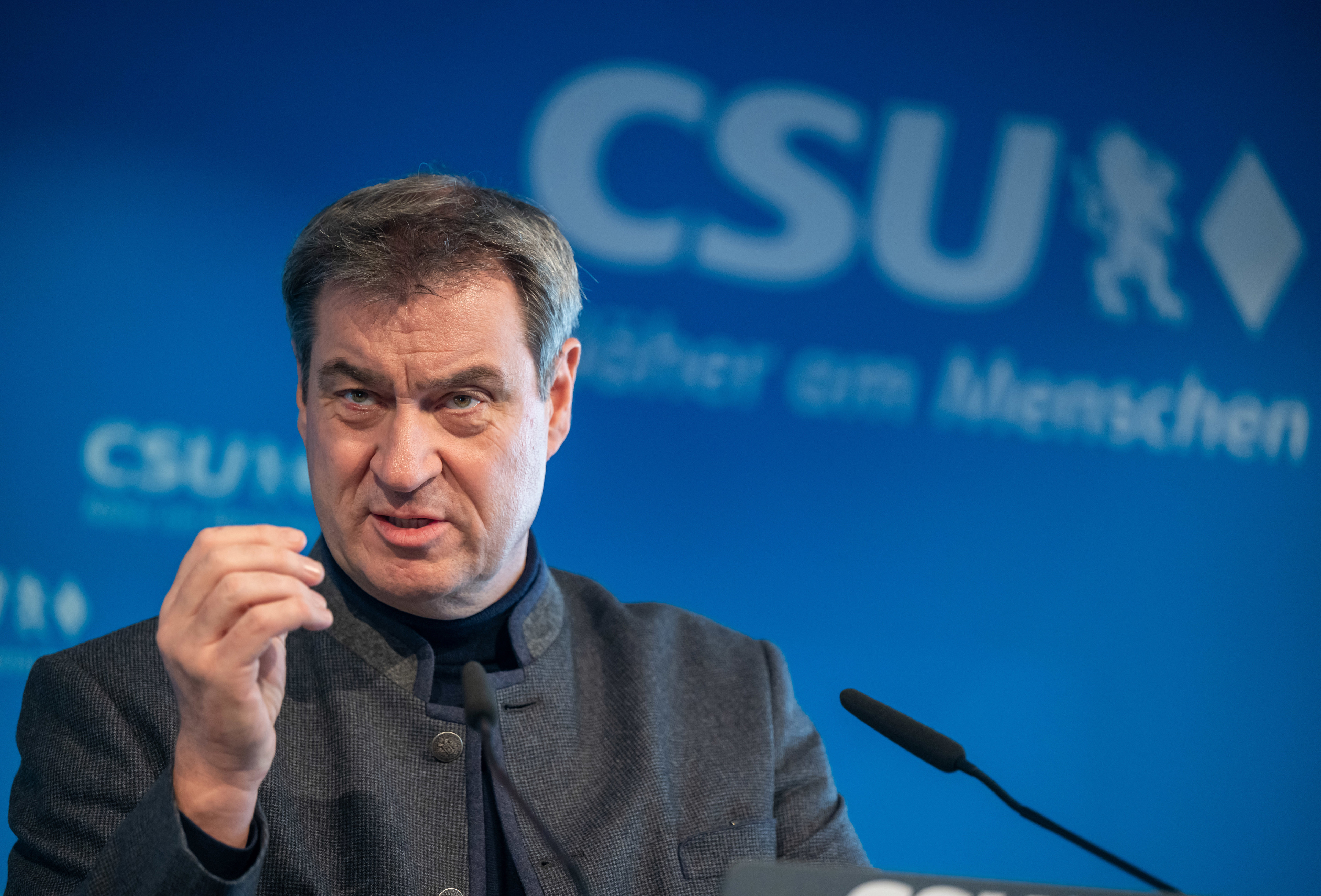 13 March 2023, Bavaria, Munich: CSU chairman and prime minister of Bavaria Markus Soeder take part in a press conference at the CSU party headquarters after a virtual video conference of the CSU executive board. Photo: Peter Kneffel/dpa