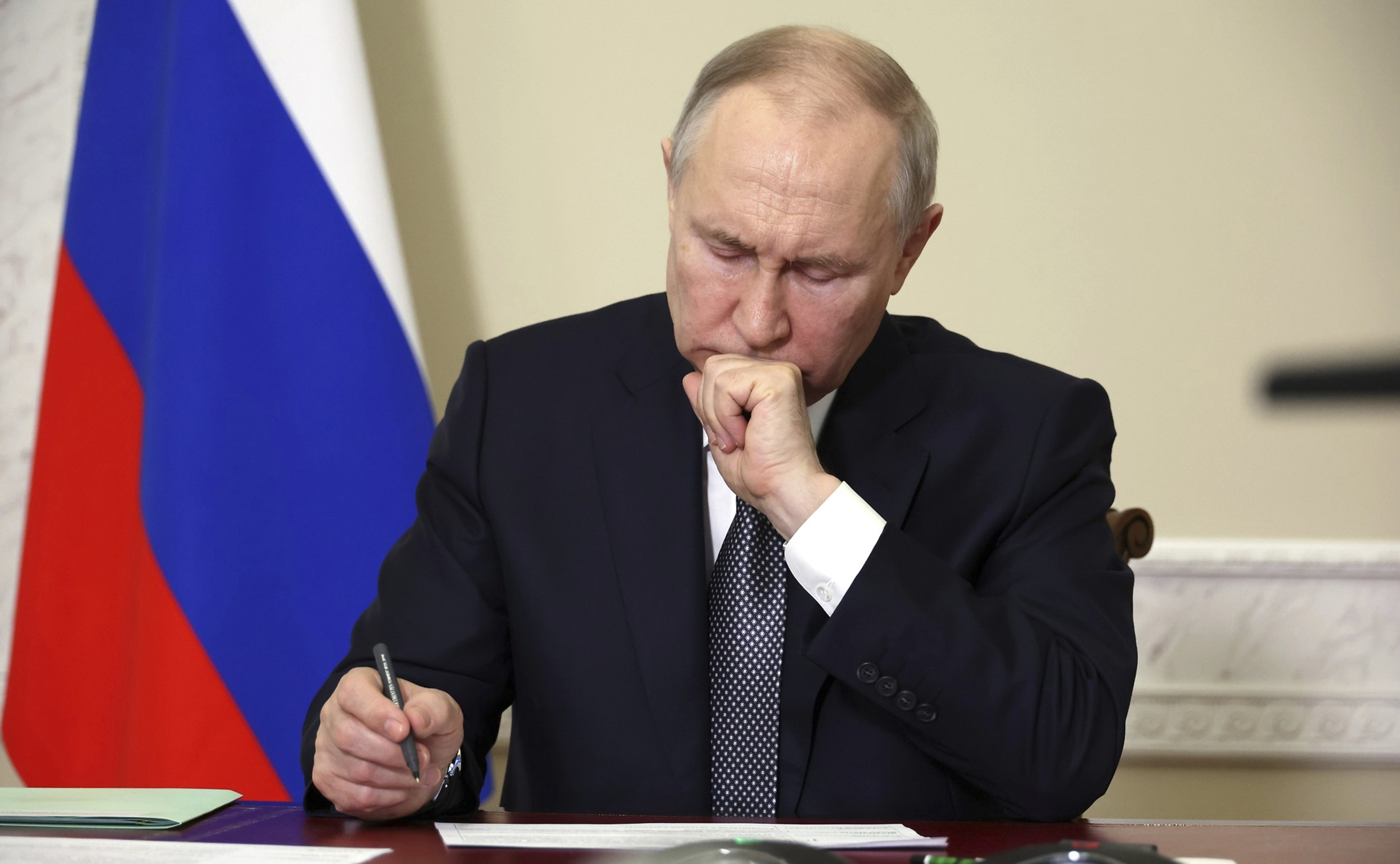 May 2, 2023, St Petersburg, Moscow Oblast, Russia: Russian President Vladimir Putin holds a video conference meeting with members of the government, May 2, 2023 in St Petersburg, Russia. The meeting including discussion on the wildfire effecting the Sverd