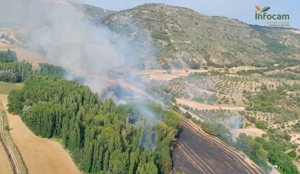 45 efectivos trabajan en la extinción de un incendio declarado en Tomellosa, pedanía de Brihuega