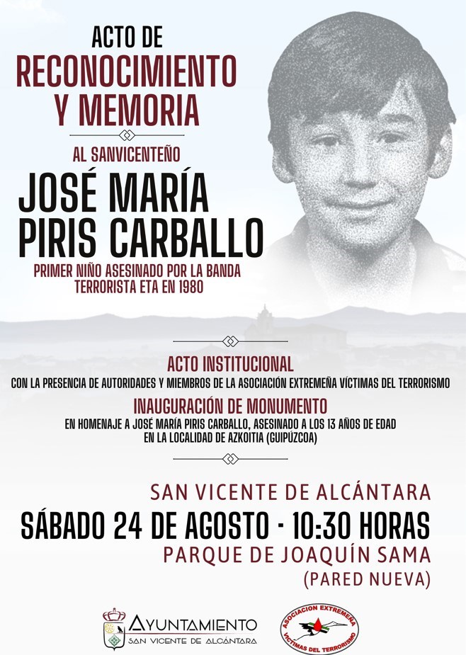 El primer niño asesinado por ETA recibirá 44 años después un homenaje este sábado en San Vicente de Alcántara (Badajoz)